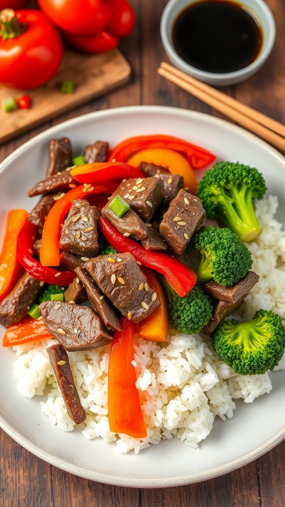A colorful air fryer beef stir fry with beef, bell peppers, broccoli, served over rice, garnished with sesame seeds.